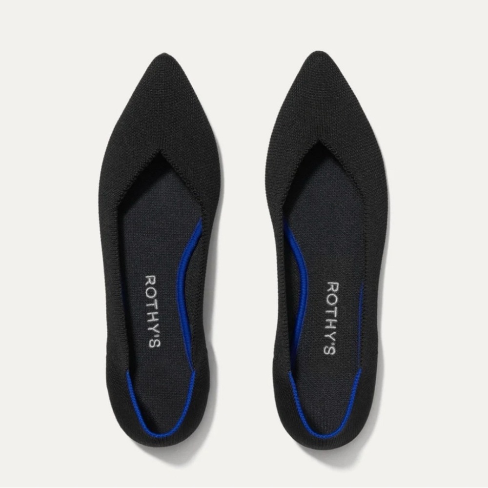 Rothy's Black Pointed Knit Flats with Blue Trim - Women's